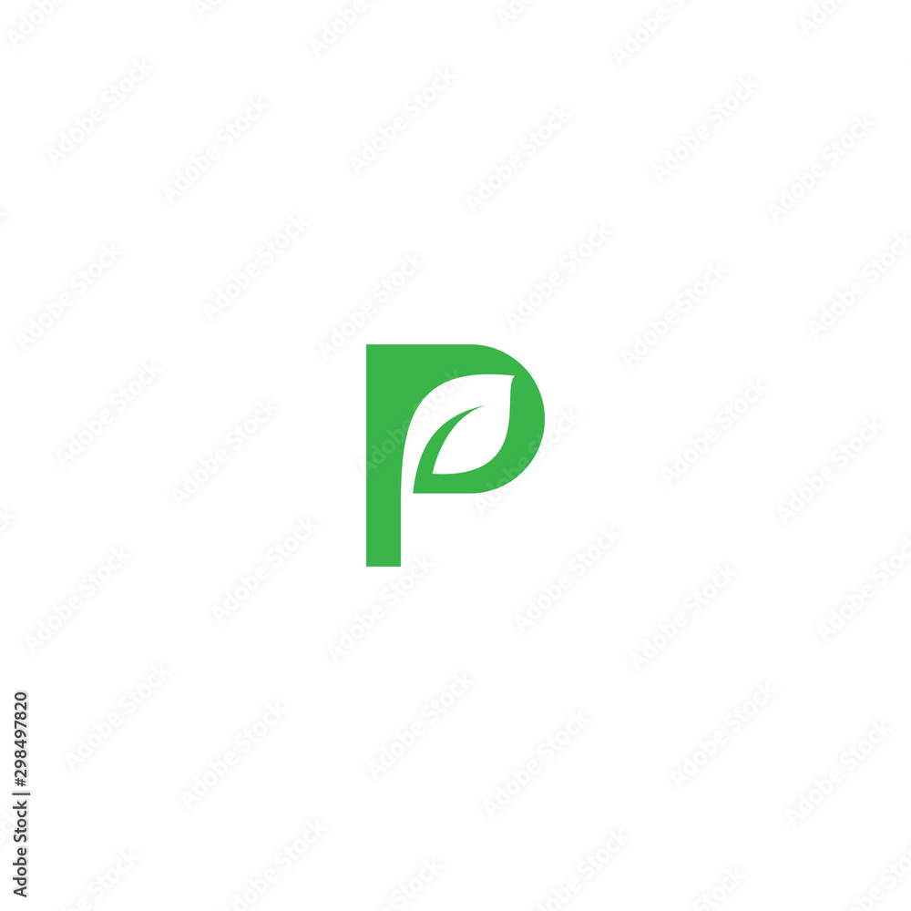 Green plant logo template vector design with letter P, letter P uppercase with leaf green color Green plant logo template vector design with letter P, letter P uppercase with leaf green color