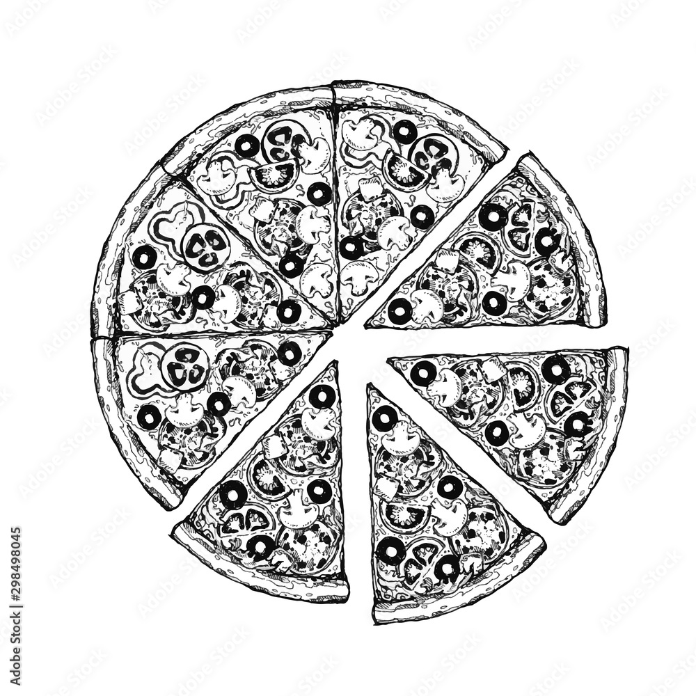 Vector drawing, pizza, table, organic food ingredients. Hand drawn pizza illustration. Great for menu, poster or label.