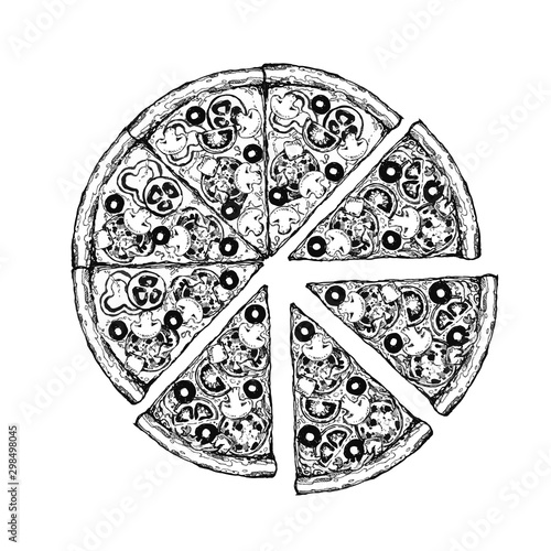 Vector drawing, pizza, table, organic food ingredients. Hand drawn pizza illustration. Great for menu, poster or label.