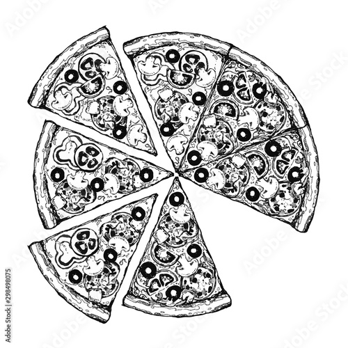 Vector drawing, pizza, table, organic food ingredients. Hand drawn pizza illustration. Great for menu, poster or label.