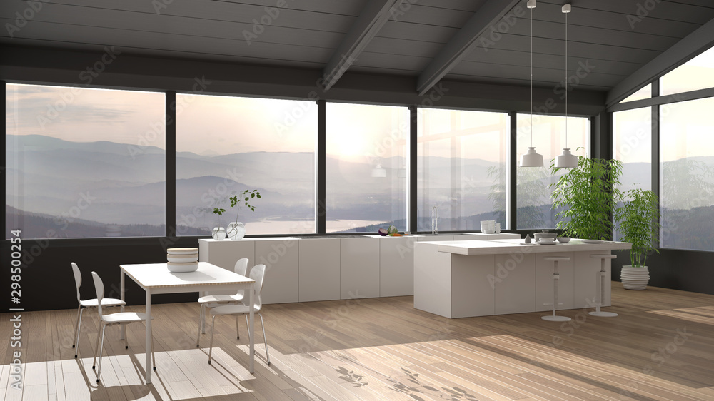 Modern minimalist kitchen with island and dining table with chairs