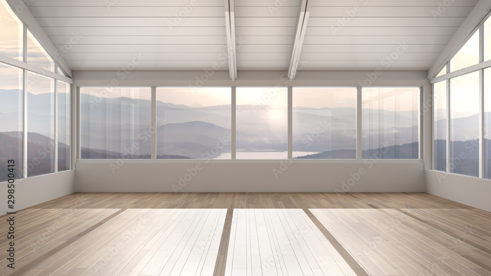 Empty room interior design, open space with wooden roofs and parquet floor, big panoramic window, mountain panorama, modern architecture, morning light, mock-up with copy space - obrazy, fototapety, plakaty 