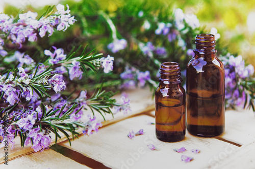 Essential oil and lavender flowers, cosmetic aromatherapy