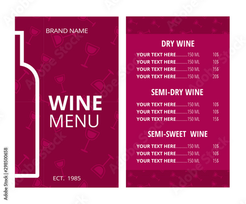 Wine menu with bottle and glasses. Red wine vector template with white sample text. Standard scaled size (8,5*14 in)