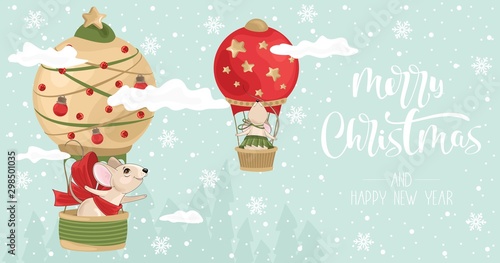Christmas card with Mice on a balloon. Handwritten Christmas greetings. Vector illustration.