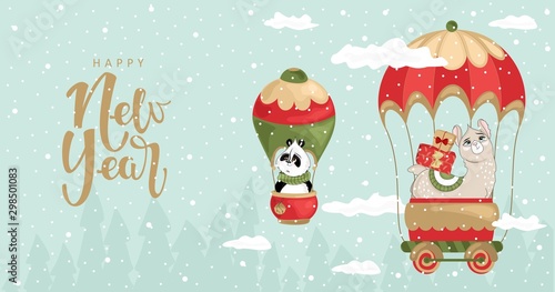 Christmas card with a Llama and a Panda in a balloon. Handwritten new year greetings. Vector illustration.