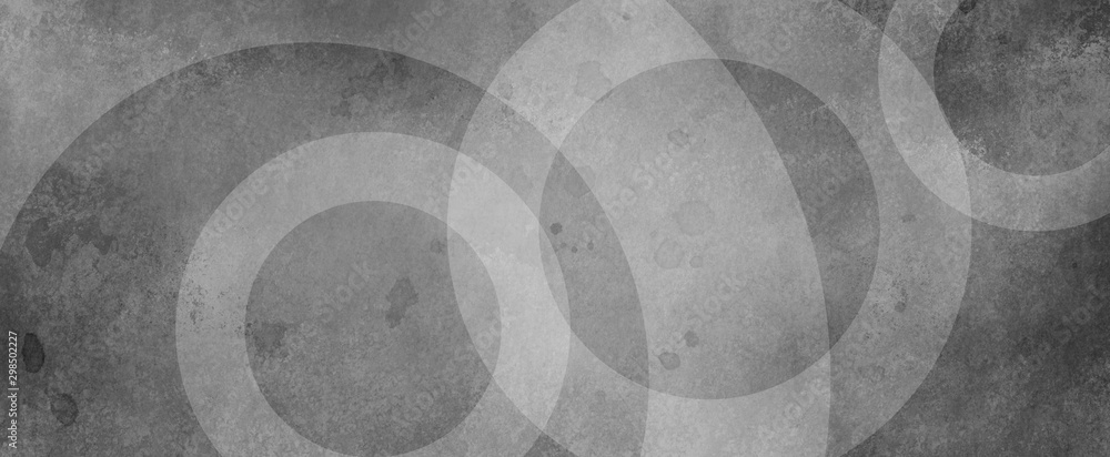 Black background with white circle rings in faded distressed vintage grunge texture design, old geometric pattern paper
