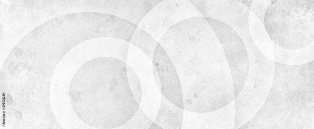 White abstract background with white circle rings in faded distressed vintage grunge texture design, old geometric pattern paper in modern art design
