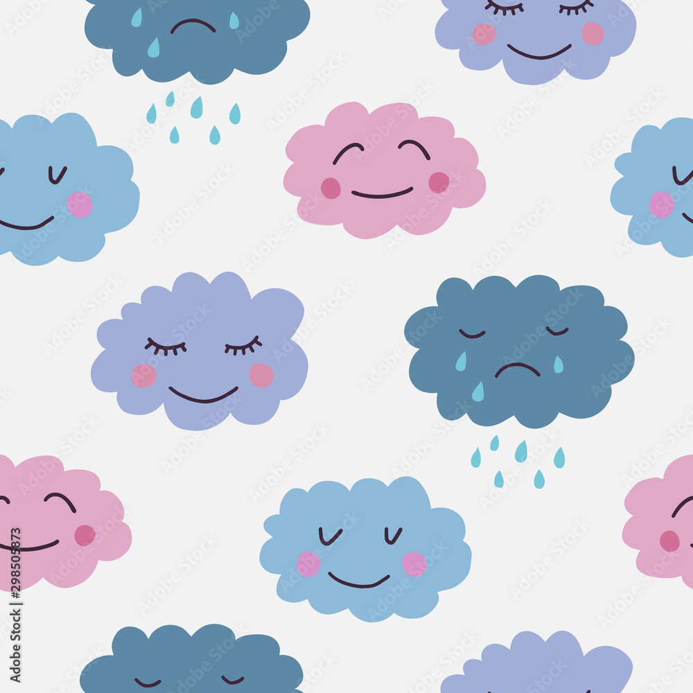 Cute hand drawn seamless pattern with clouds. Background for kids with smiling clouds. Vector illustration
