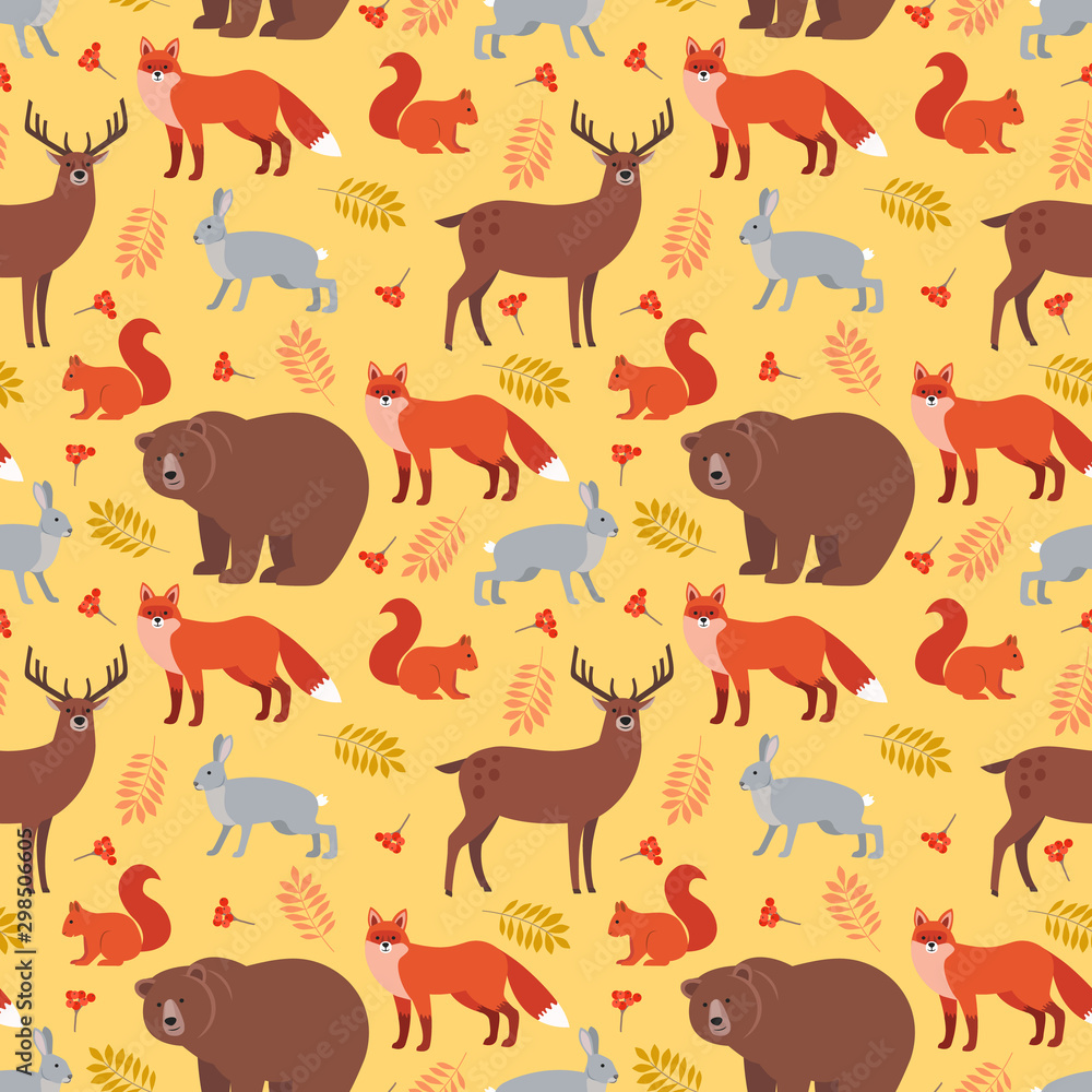 Seamless pattern of forest animals and plants: fox, deer, bear, hare, squirrel, autumn leaves, rowan berries isolated on yellow background. Colorful vector background. Illustration of wild animals Seamless pattern of forest animals and plants: fox, deer, bear, hare, squirrel, autumn leaves, rowan berries isolated on yellow background. Colorful vector background. Illustration of wild animals