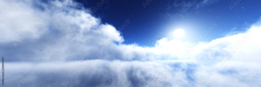 In the clouds. Among the clouds. Beautiful clouds. Sky with clouds view from above, 3D rendering In the clouds. Among the clouds. Beautiful clouds. Sky with clouds view from above, 3D rendering