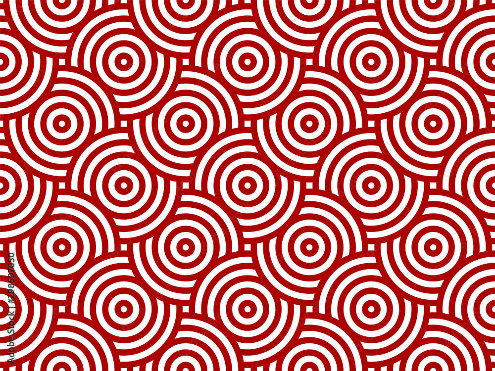 Red and white intersecting repeating circles pattern. Japanese style circles seamless background. Modern spiral abstract geometric wavy pattern tiles. Endless repeated texture. Vector illustration.