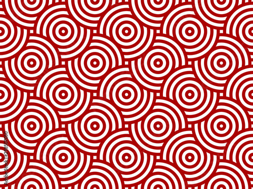 Red and white intersecting repeating circles pattern. Japanese style circles seamless background. Modern spiral abstract geometric wavy pattern tiles. Endless repeated texture. Vector illustration.