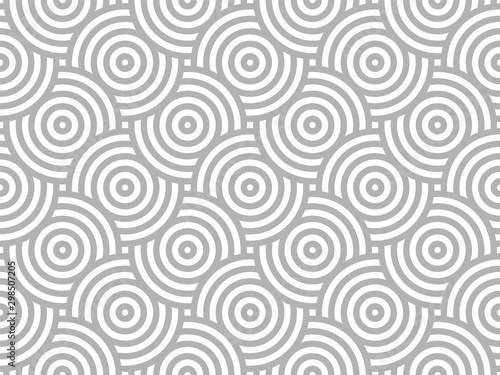 Gray and white intersecting repeating circles pattern. Japanese style circles seamless background. Modern spiral abstract geometric wavy pattern tiles. Endless repeated texture. Vector illustration.