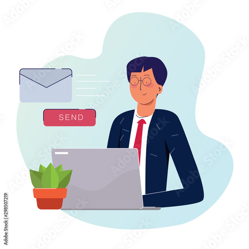 Businessman send email. Email marketing corporate communication letter modern company employee on laptop manage inbox electronic mail.