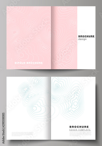 The vector layout of two A4 format modern cover mockups design templates for bifold brochure, magazine, flyer, booklet, annual report. Topographic contour map, abstract monochrome background.