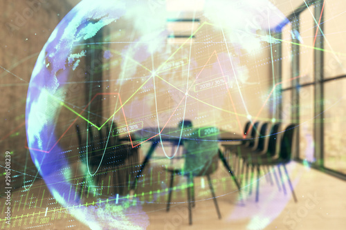 Double exposure of stock market graph with globe hologram on conference room background. Concept of international finance