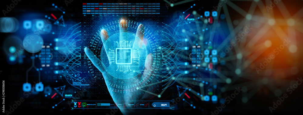 Artificial intelligence (AI) with machine deep learning and data mining and another modern computer technologies UI by hand touching CPU icon.
