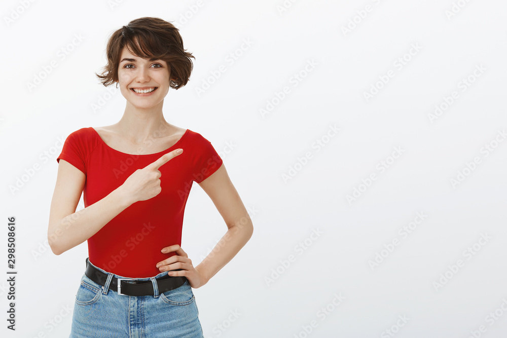 Stockfoto Girl promise you like. Cheerful assertive tempting cute woman