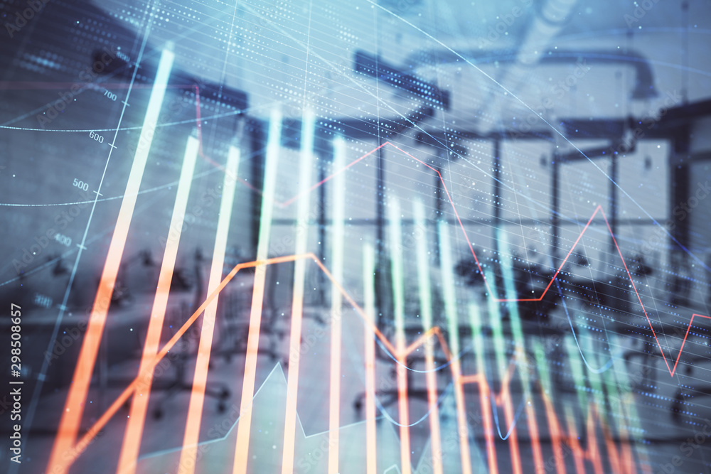 Stock and bond market graph with trading desk bank office interior on background. Multi exposure. Concept of financial analysis Stock and bond market graph with trading desk bank office interior on background. Multi exposure. Concept of financial analysis