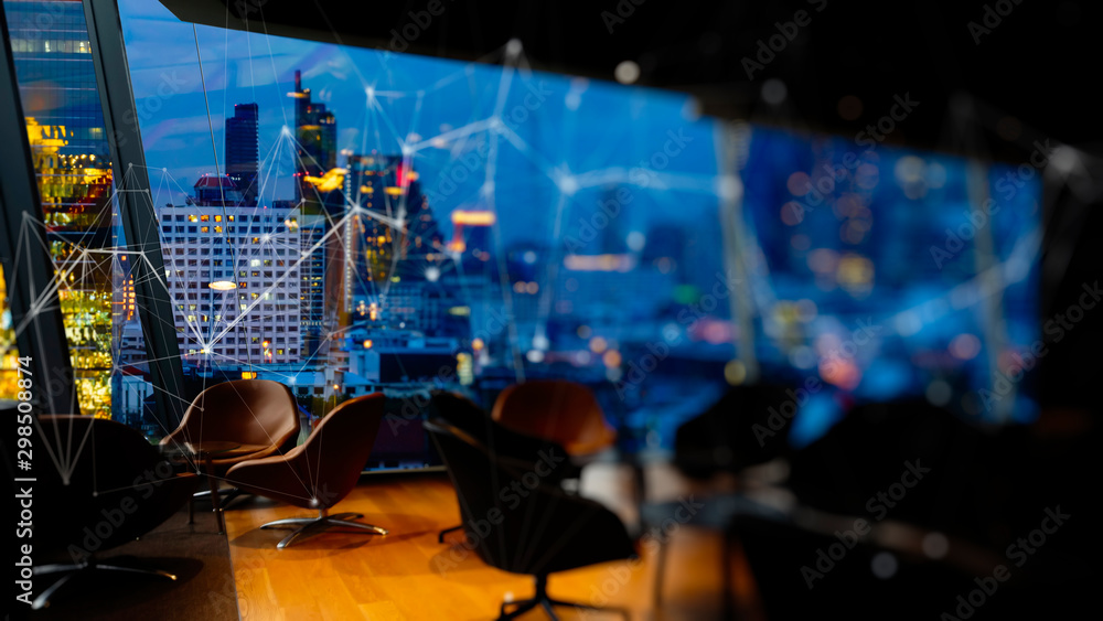 Bangkok city view point from Lounge interior. overlooking a magnificent cityscape blue sky and city in Thailand and wireless network low poly line.
