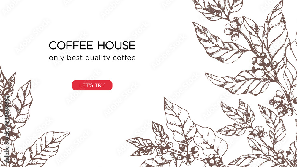 Vector template for coffee business, coffee house website screen. Concept with coffee tree and berries on white background. Illustration for landing page or banner, flyer or blog post.
