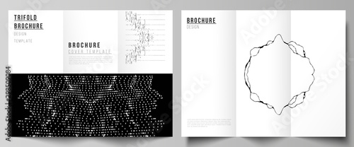 The minimal vector illustration layouts. Modern creative covers design templates for trifold brochure or flyer. Trendy modern science or technology background with dynamic particles. Cyberspace grid.