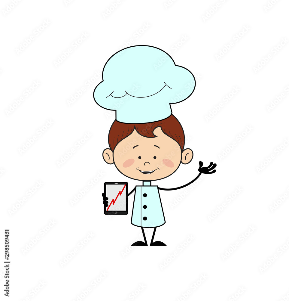 Kitchen Character Chef - Presenting Profit Growing Graph on Tablet Kitchen Character Chef - Presenting Profit Growing Graph on Tablet