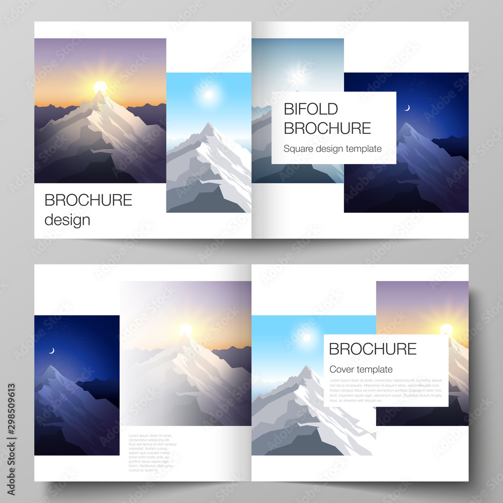 Vector illustration layout of two covers templates for square design bifold brochure, magazine, flyer, booklet. Mountain illustration, outdoor adventure. Travel concept background. Flat design vector.