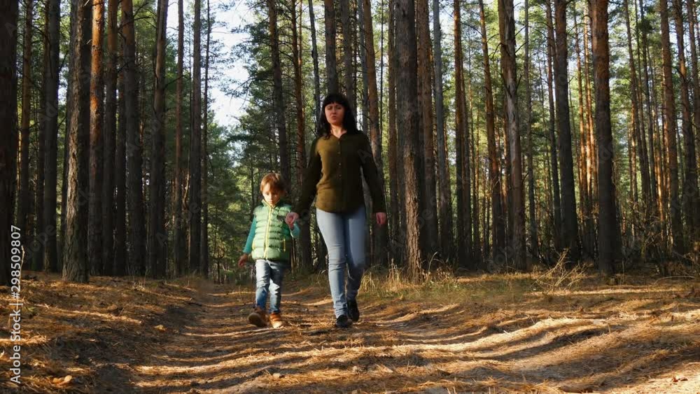 A happy mother walks through the forest holding her son's hand. Cute little boy walking with mom. Walk and travel. A happy mother walks through the forest holding her son's hand. Cute little boy walking with mom. Walk and travel.