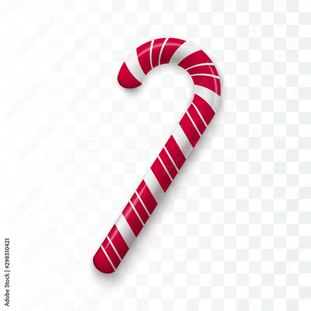 Fototapeta premium Red and white Chrisrmas candy. Realistic sweet stick. Template for Christmas and New Year greeting cards. Holiday decoration element. Vector illustration isolated on transparent background