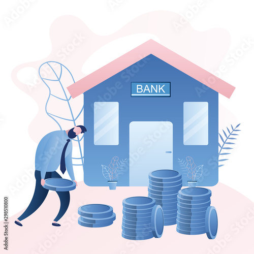 Businessman carries coins to the bank building. Loan repayment or bank slavery concept.