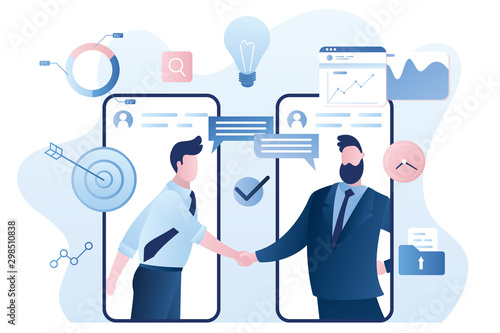 Online agreement concept background. Handshake after successful negotiations.
