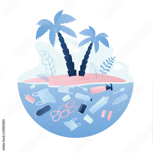Ocean tropical island with palm trees and various plastic garbage in water.