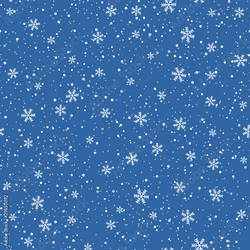 Snowflakes seamless pattern. Christmas blue background. Snowfall repeat backdrop. Winter snow flake falling flat design. Snowy simple chaotic texture. Blizzard sky template Vector illustration
