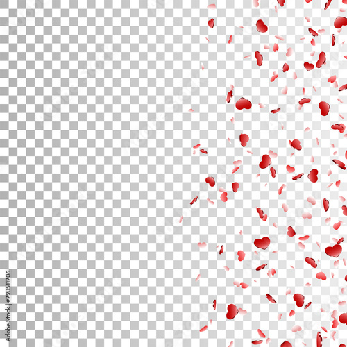 Heart falling confetti isolated white transparent background. Red fall hearts. Valentine day decoration. Love element design, hearts-shape confetti wedding card, romantic holiday. Vector illustration