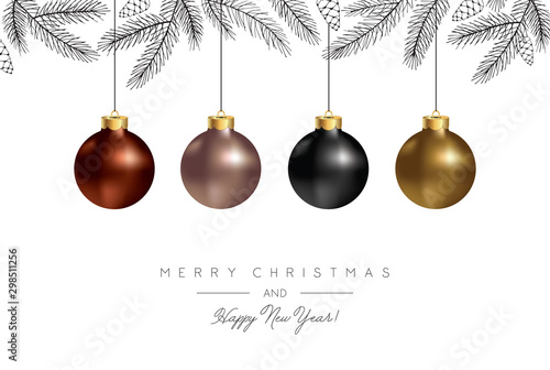 Christmas greeting card with xmas balls and spruce branches. Vector Xmas Elegant Background