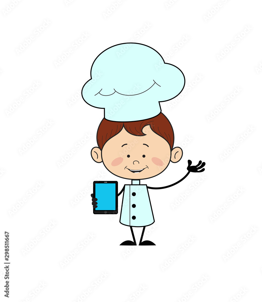 Kitchen Character Chef - Presenting a Tablet with blank screen Kitchen Character Chef - Presenting a Tablet with blank screen