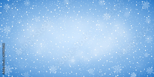 Snow blue background. Christmas snowy winter design. White falling snowflakes, abstract landscape. Cold weather effect. Magic nature fantasy snowfall texture decoration Vector illustration