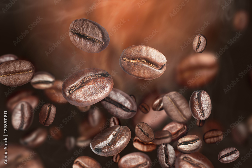 Roasted coffee beans on grey background, closeup - obrazy, fototapety, plakaty 