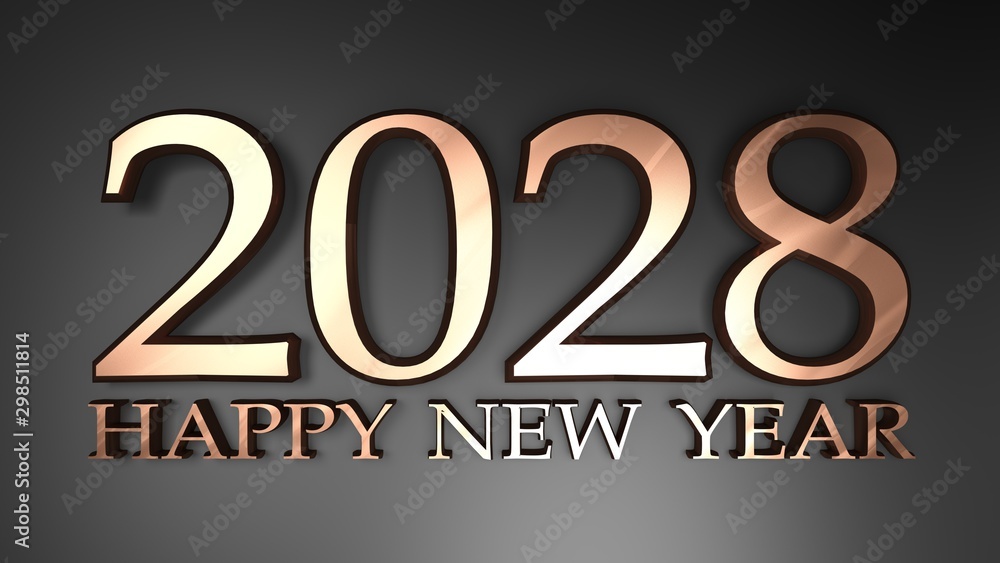2028 Happy New Year copper write on black background - 3D rendering illustration 2028 Happy New Year copper write on black background - 3D rendering illustration