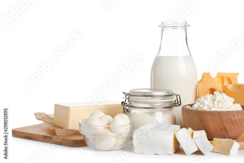 Set of different dairy products isolated on white