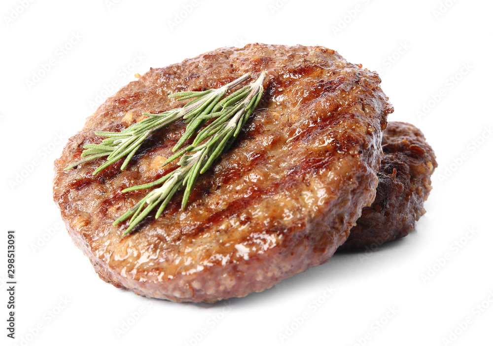 Grilled meat cutlets for burger isolated on white - obrazy, fototapety, plakaty 