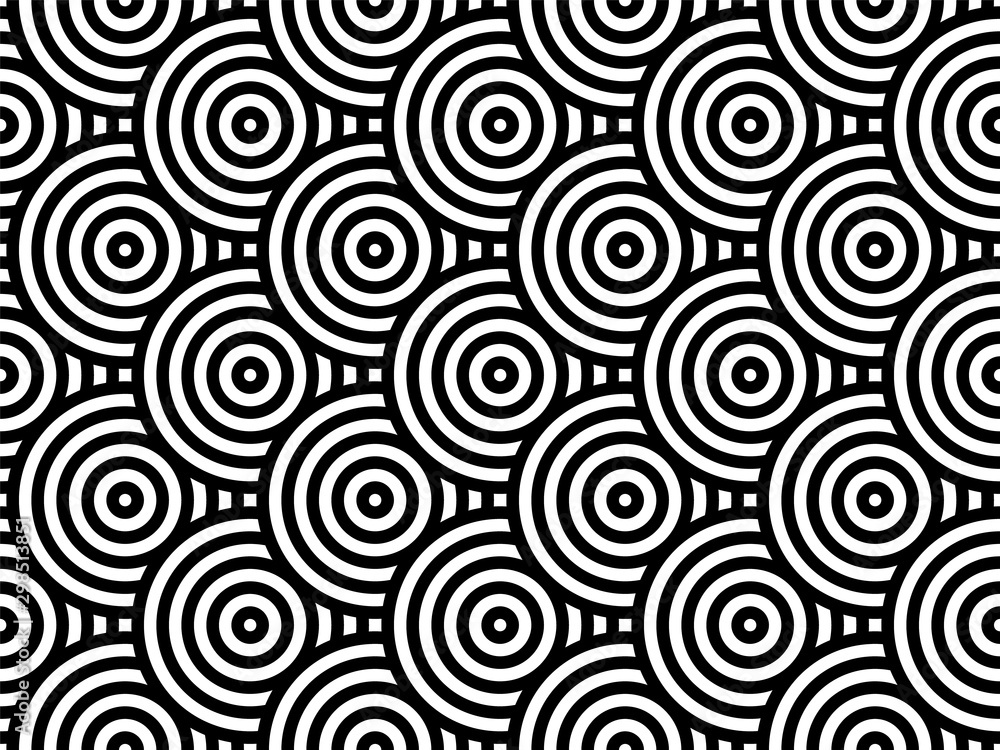 Black and white overlapping repeating circles background. Japanese style circles seamless pattern. Endless repeated texture. Modern spiral abstract geometric wavy pattern tiles. Vector illustration.