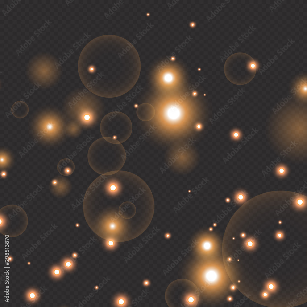 Obraz premium golden fire on a transparent background, golden dusty stars. Glitter vintage foundation lights. dark gold and black.