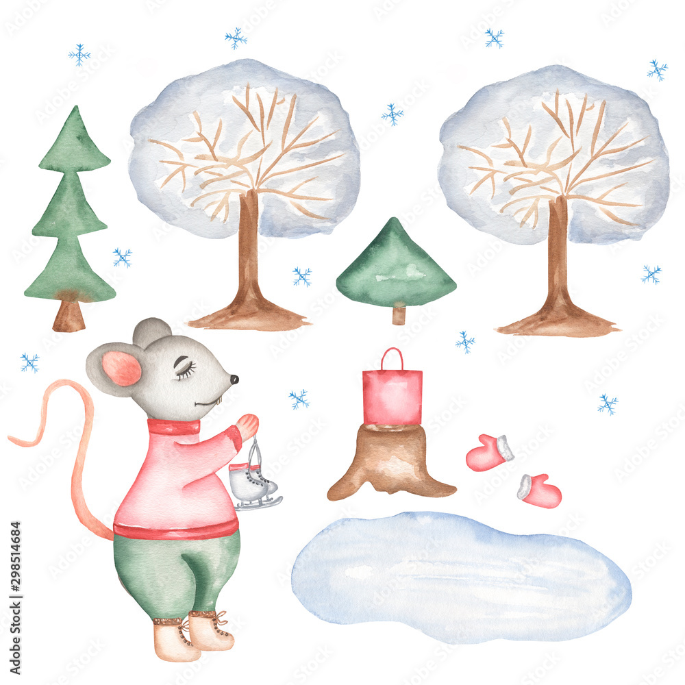 Fototapeta Little Grey Mouse card illustration with skates. Cute cartoon Christmas animal rat or mouse. Watercolor illustration. Christmas and New Year cards.