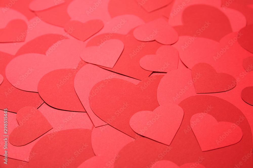 Beautiful red paper hearts as background, closeup - obrazy, fototapety, plakaty 