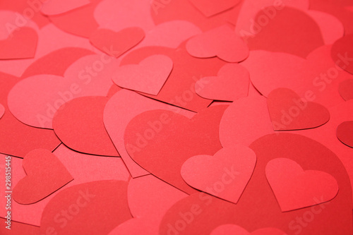 Beautiful red paper hearts as background, closeup