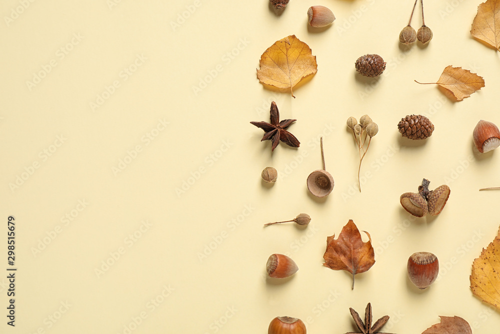 Flat lay composition with autumn leaves on beige background. Space for text Flat lay composition with autumn leaves on beige background. Space for text