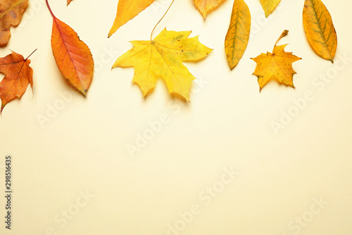 Flat lay composition with autumn leaves on beige background. Space for text